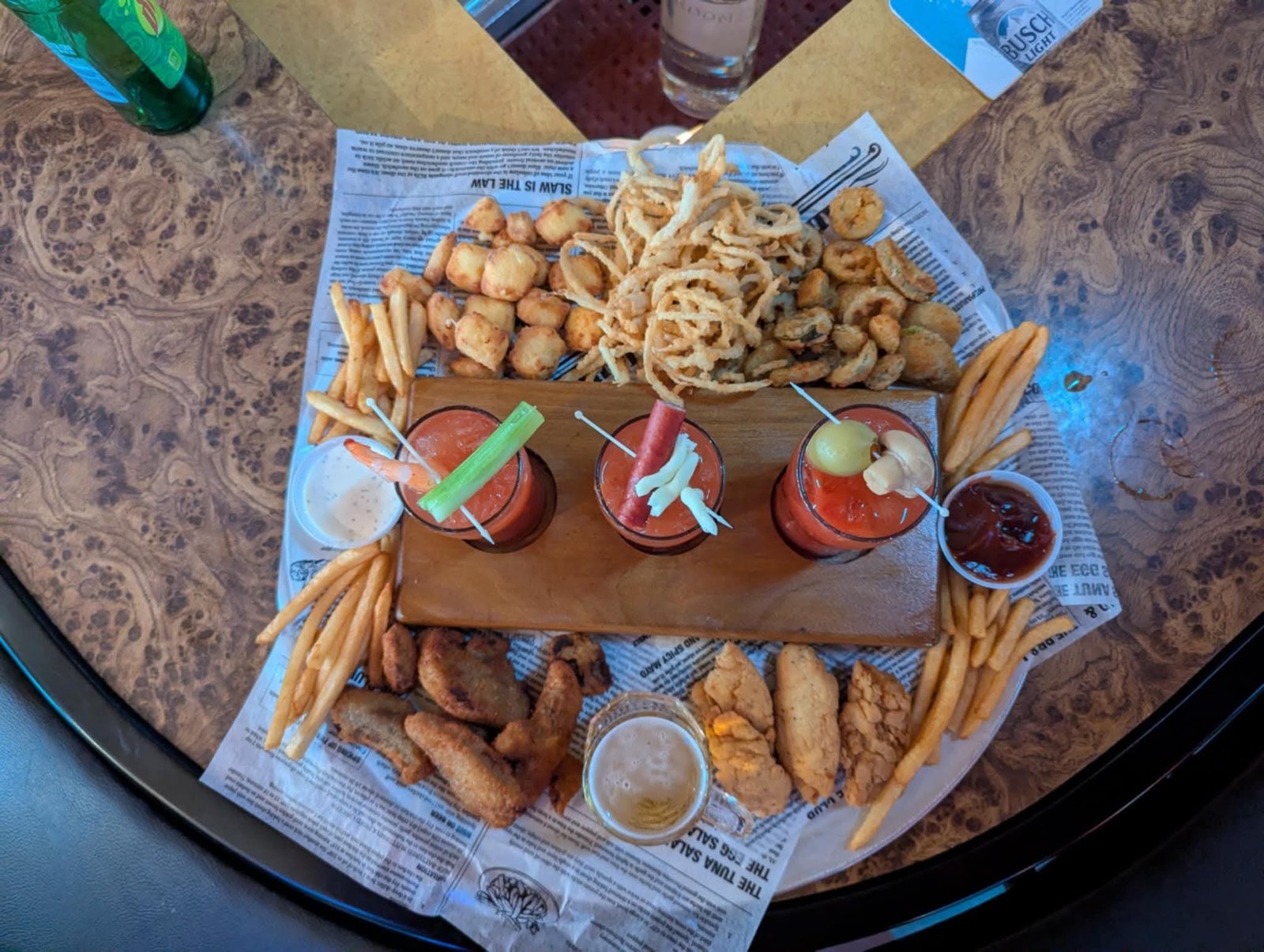 Appetizer variety basket with a bloody mary flight