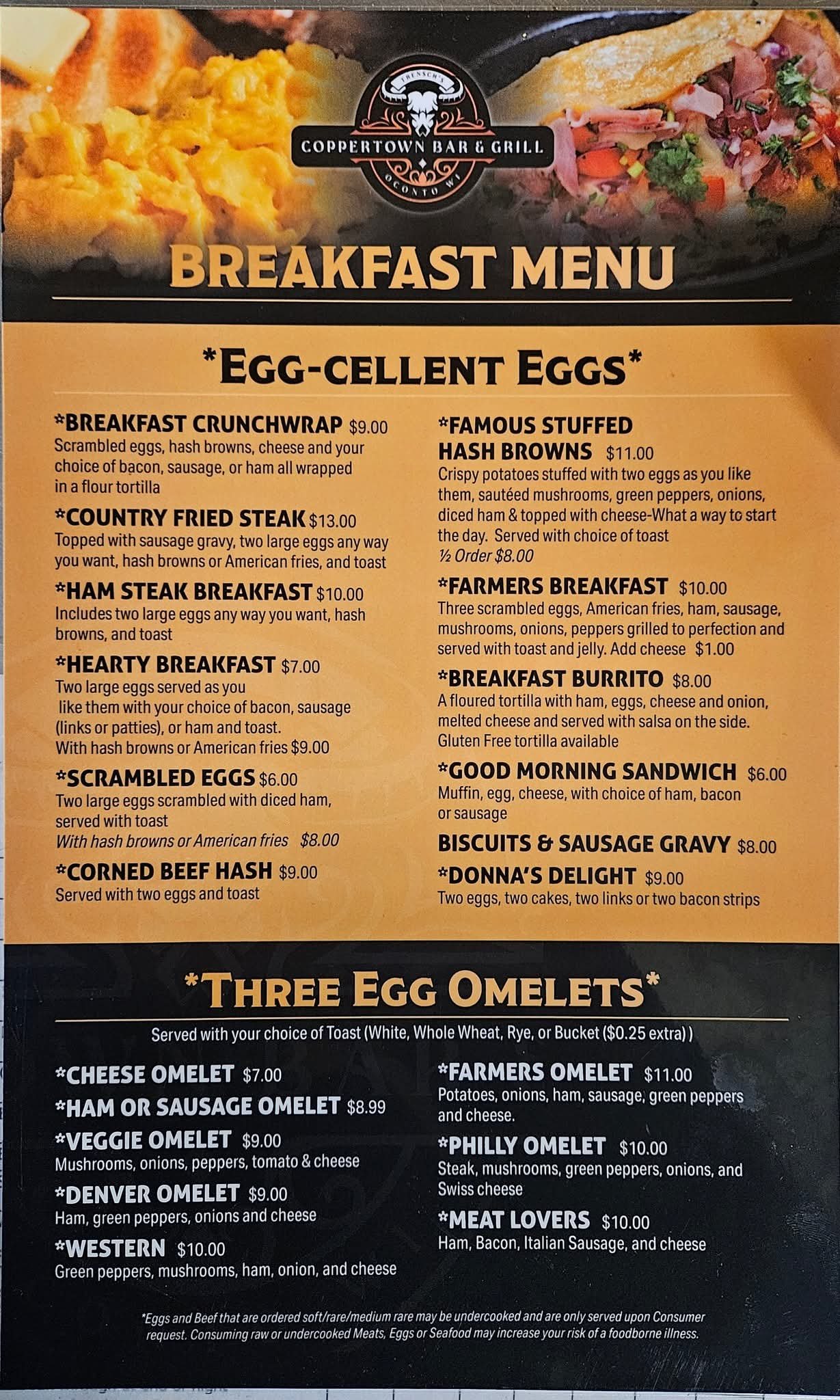 Breakfast menu — egg plates and three-egg omelets