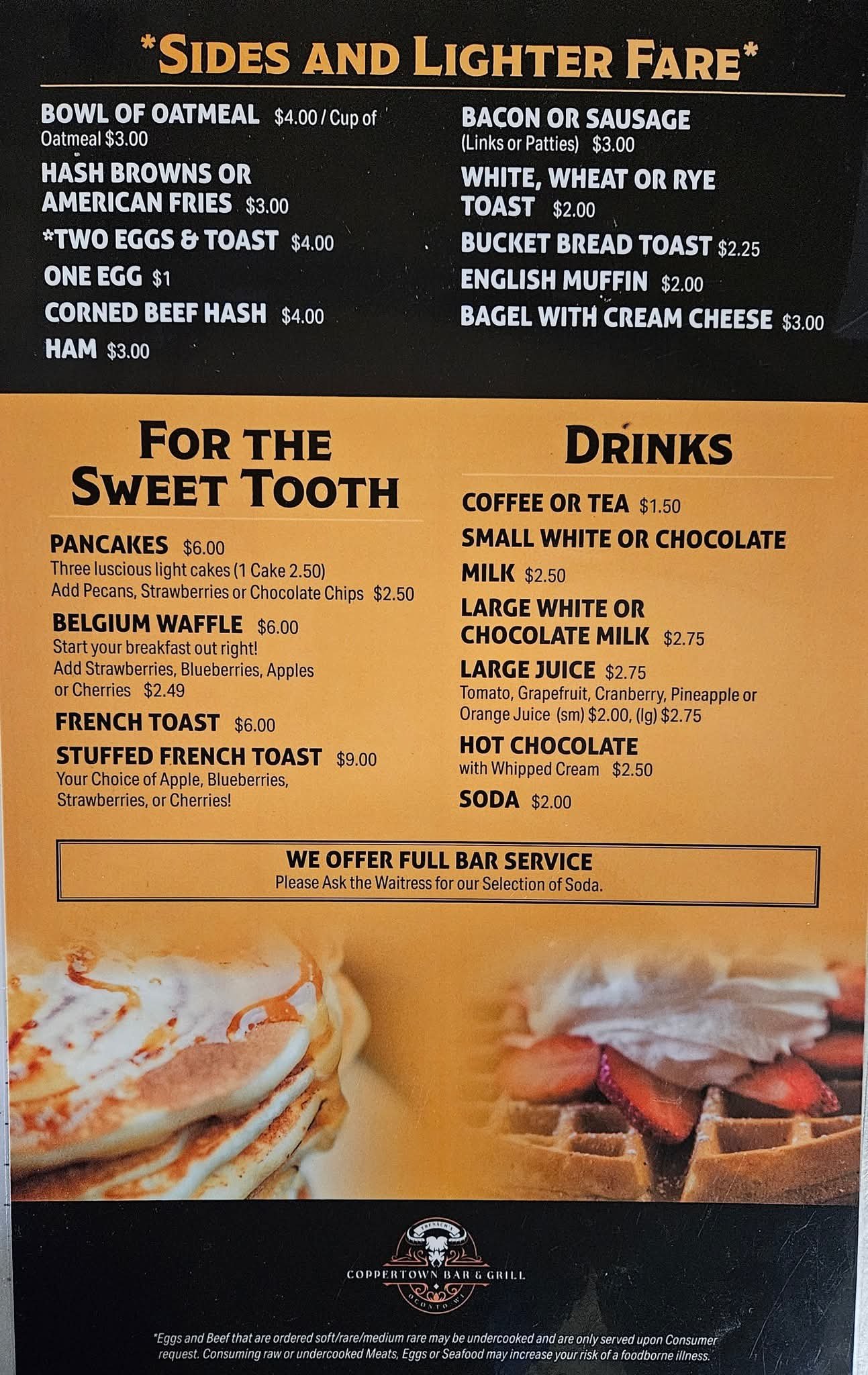 Breakfast menu — sides, pancakes and waffles, and drinks