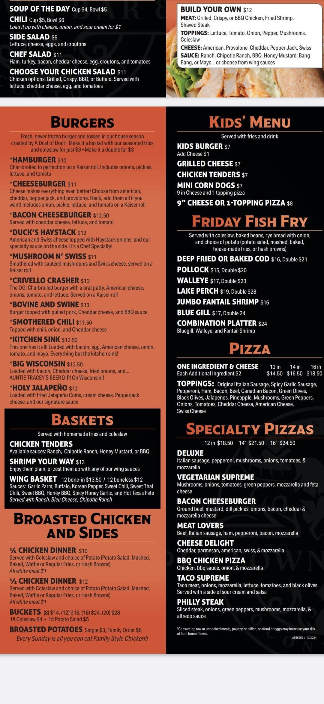Coppertown menu — burgers, baskets, broasted chicken, Friday fish fry, and pizza
